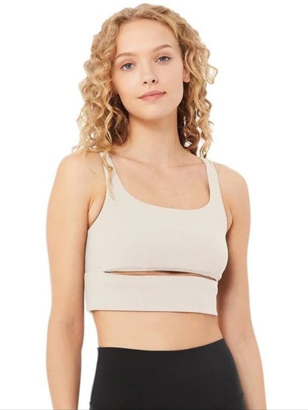 ALO Slit Bra Yoga Ribbed Scoop Neck - Light Beige - Bone Med